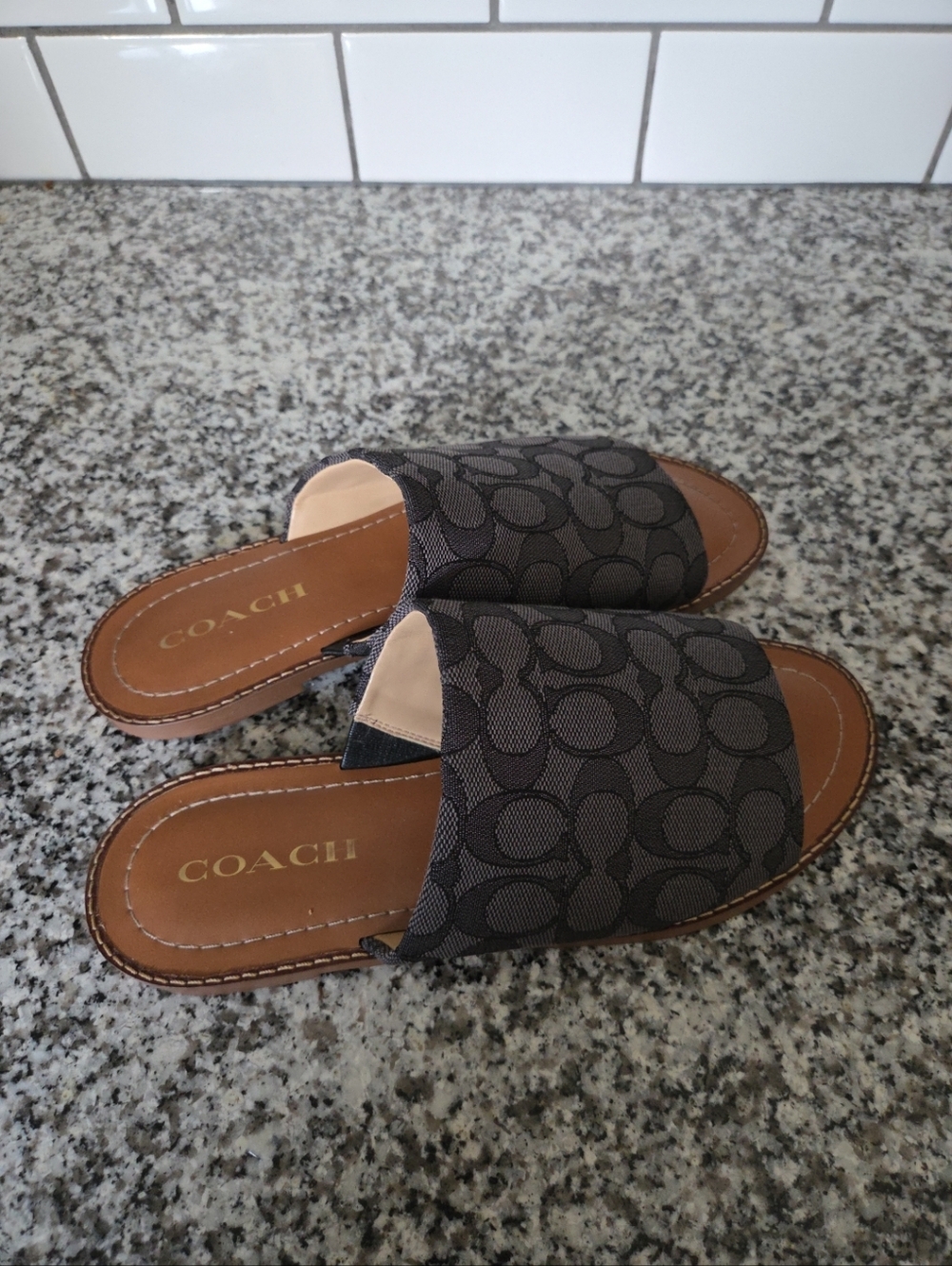 Coach Hazel Gray Signature Slide Sandals with Tan Footbed - Picture 4 of 6
